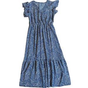 SHEIN Allover Print Ruffle Shirred Waist Dress Sz S Blue White Boho Cottagecore